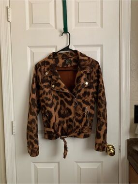 Leopard Print Tie-Hem Moto Jacket - Brown